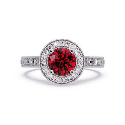 1.5 CTW Round Baguette Double-Halo Colorstone Ring with Ruby Red center in 14K White Gold – Lunéa Paris