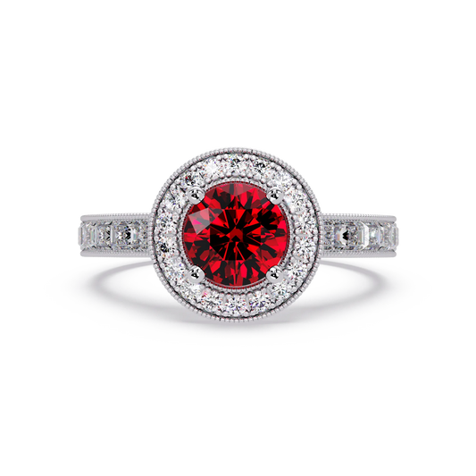 1.5 CTW Round Baguette Double-Halo Colorstone Ring with Ruby Red center in 14K White Gold – Lunéa Paris