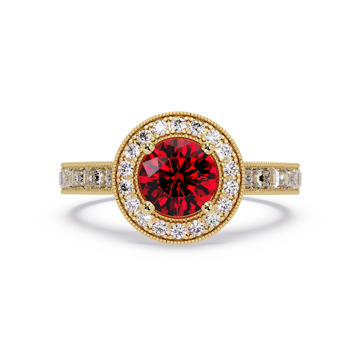 1.5 CTW Round Baguette Double-Halo Colorstone Ring with Ruby Red center in 14K Yellow Gold – Lunéa Paris