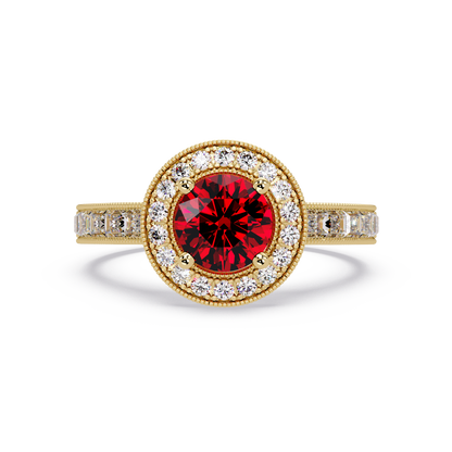 1.5 CTW Round Baguette Double-Halo Colorstone Ring with Ruby Red center in 14K Yellow Gold – Lunéa Paris