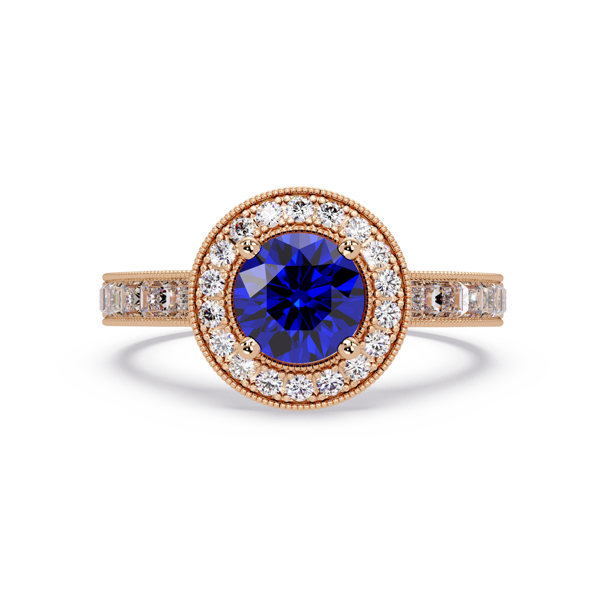 1.5 CTW Round Baguette Double-Halo Colorstone Ring with Sapphire Blue center in 14K Rose Gold – Lunéa Paris