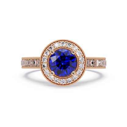 1.5 CTW Round Baguette Double-Halo Colorstone Ring with Sapphire Blue center in 14K Rose Gold – Lunéa Paris