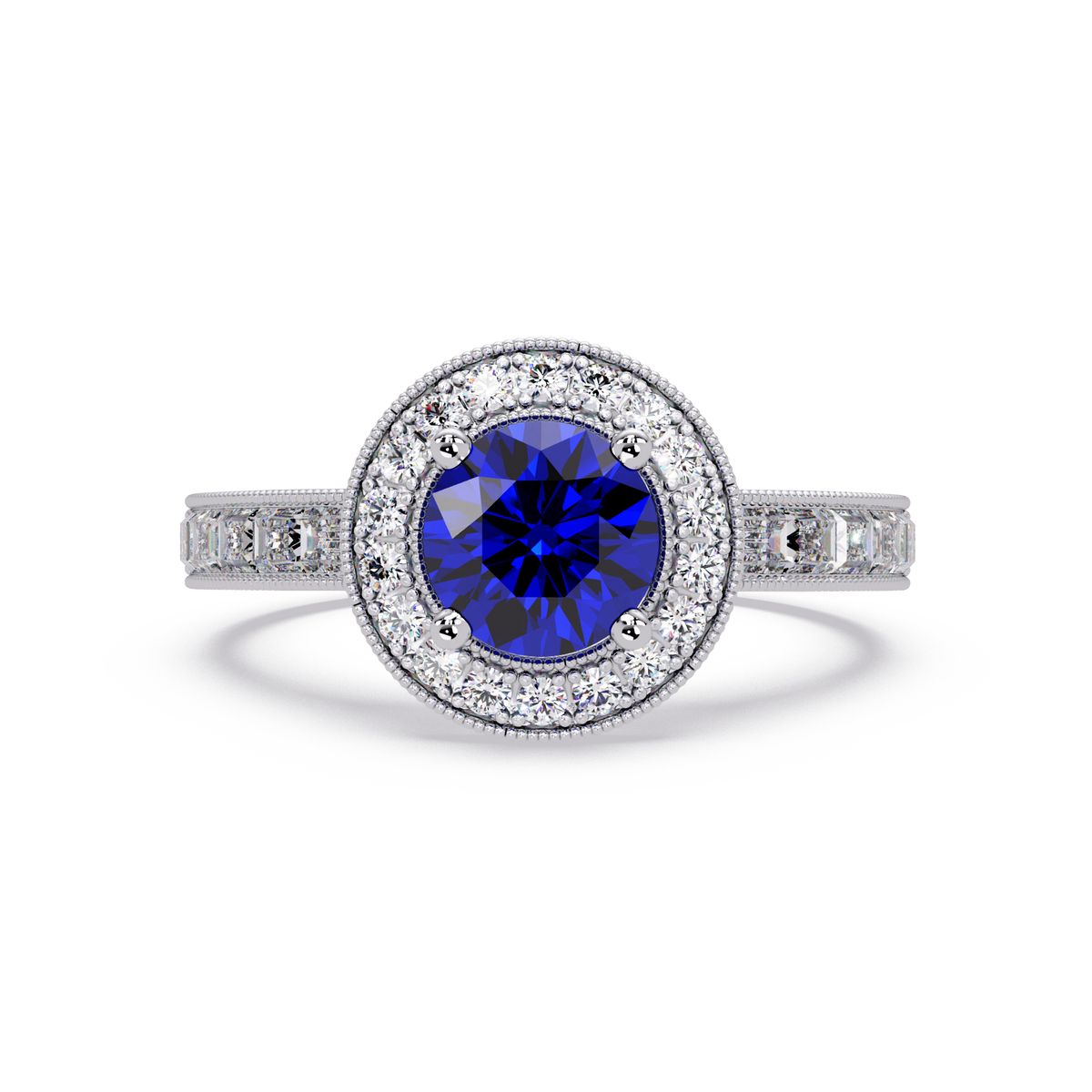 1.5 CTW Round Baguette Double-Halo Colorstone Ring with Sapphire Blue center in 14K White Gold – Lunéa Paris