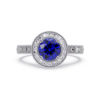 1.5 CTW Round Baguette Double-Halo Colorstone Ring with Sapphire Blue center in 14K White Gold – Lunéa Paris