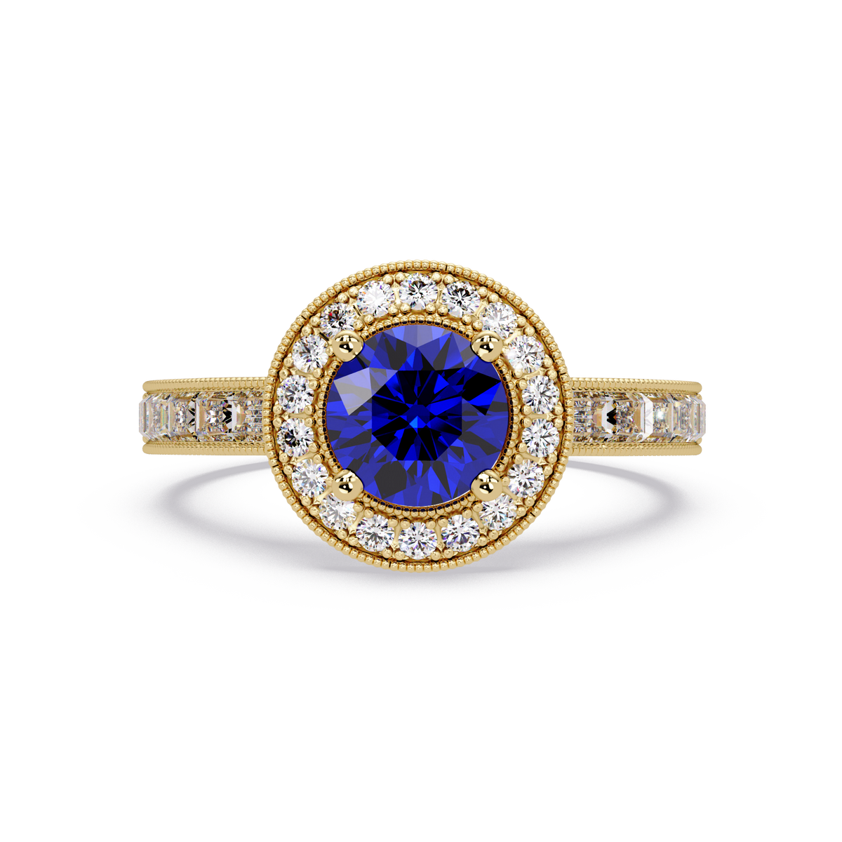 1.5 CTW Round Baguette Double-Halo Colorstone Ring with Sapphire Blue center in 14K Yellow Gold – Lunéa Paris
