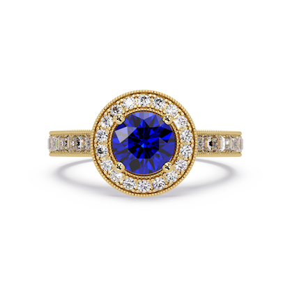1.5 CTW Round Baguette Double-Halo Colorstone Ring with Sapphire Blue center in 14K Yellow Gold – Lunéa Paris