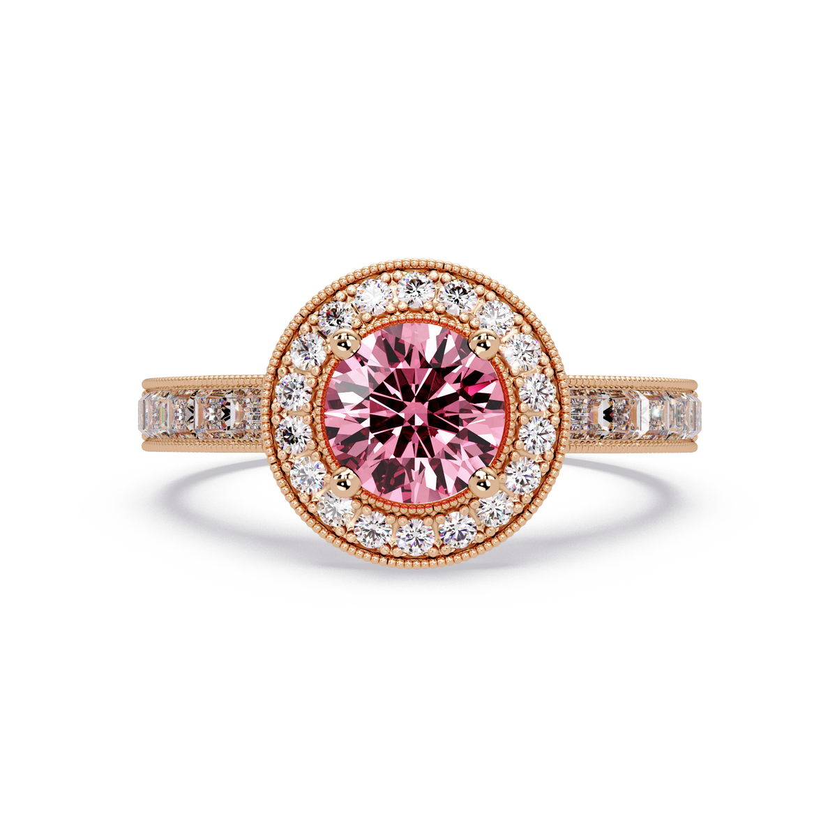 1.5 CTW Round Baguette Double-Halo Colorstone Ring with Tourmaline Pink center in 14K Rose Gold – Lunéa Paris