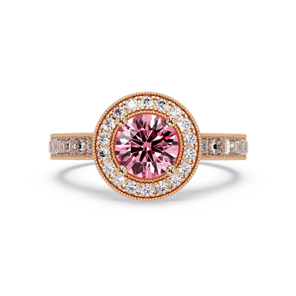 1.5 CTW Round Baguette Double-Halo Colorstone Ring with Tourmaline Pink center in 14K Rose Gold – Lunéa Paris
