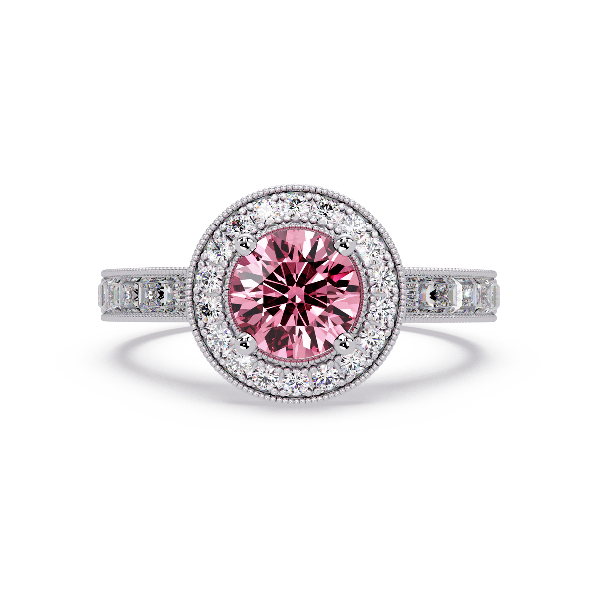 1.5 CTW Round Baguette Double-Halo Colorstone Ring with Tourmaline Pink center in 14K White Gold – Lunéa Paris