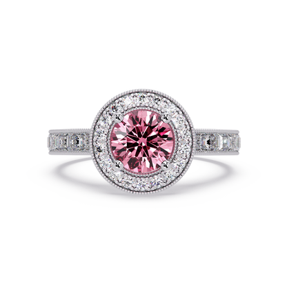 1.5 CTW Round Baguette Double-Halo Colorstone Ring with Tourmaline Pink center in 14K White Gold – Lunéa Paris