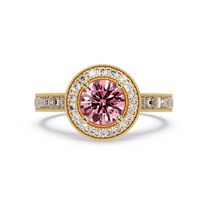 1.5 CTW Round Baguette Double-Halo Colorstone Ring with Tourmaline Pink center in 14K Yellow Gold – Lunéa Paris
