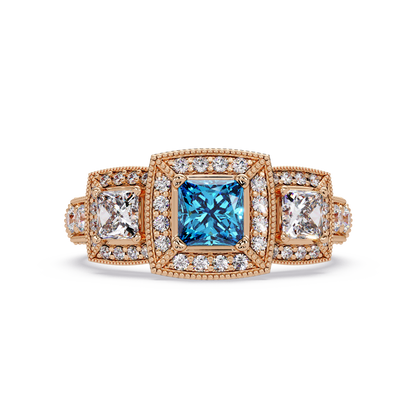 1.6 CTW Princess Three-Stone Pavé Colorstone Ring with Aquamarine Blue center in 14K Rose Gold – Lunéa Paris