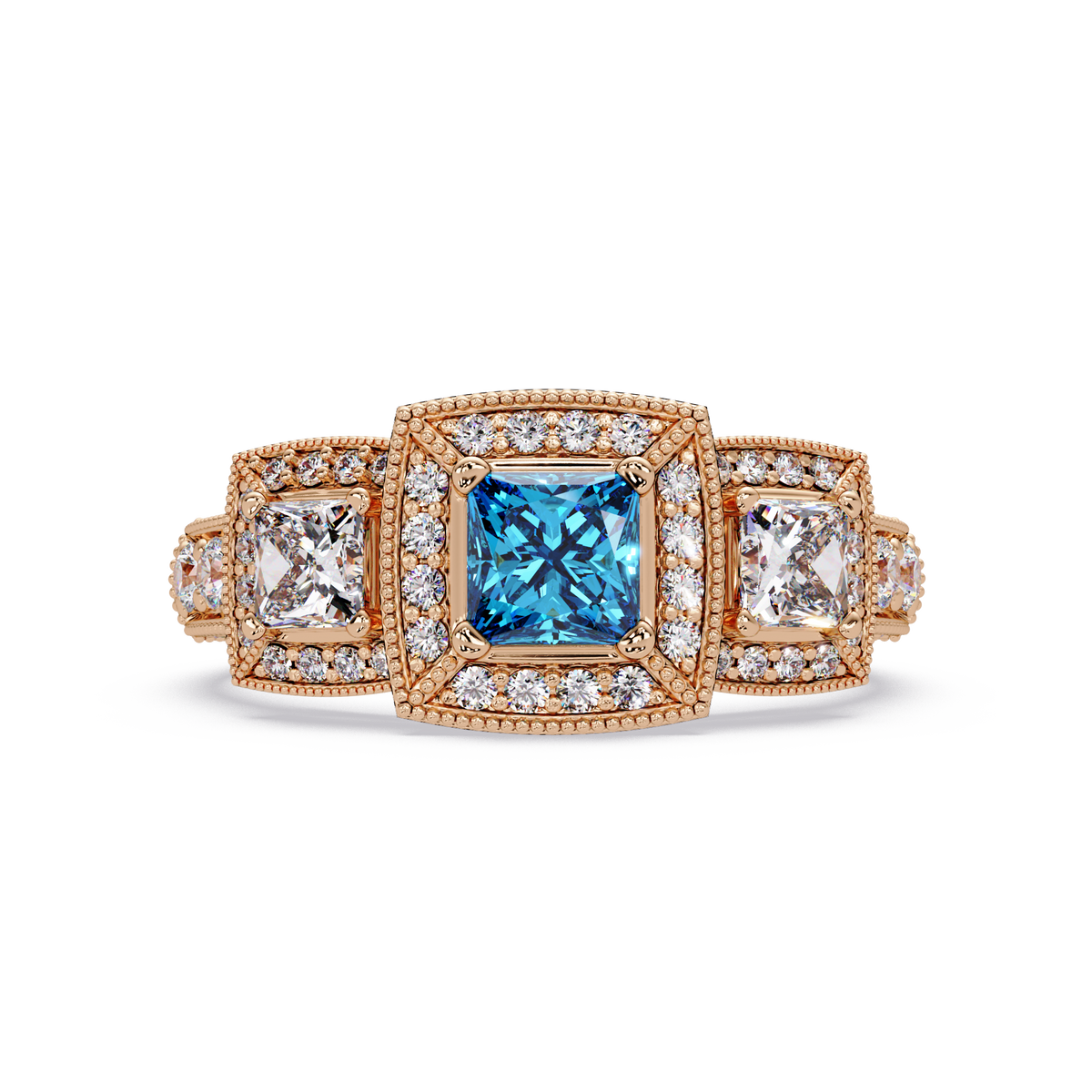 1.6 CTW Princess Three-Stone Pavé Colorstone Ring with Aquamarine Blue center in 14K Rose Gold – Lunéa Paris