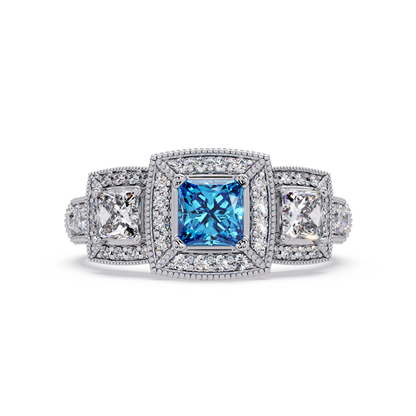 1.6 CTW Princess Three-Stone Pavé Colorstone Ring with Aquamarine Blue center in 14K White Gold – Lunéa Paris