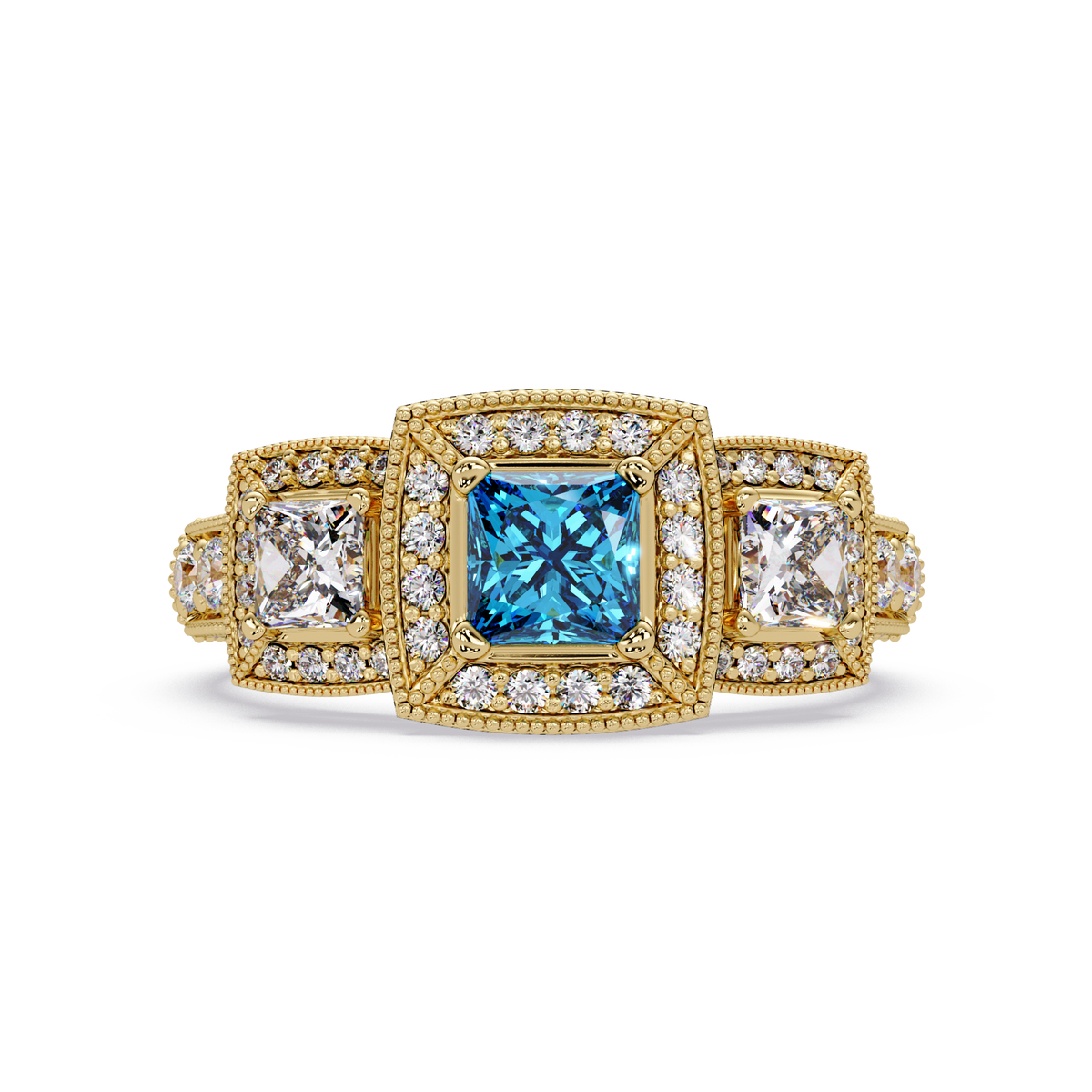 1.6 CTW Princess Three-Stone Pavé Colorstone Ring with Aquamarine Blue center in 14K Yellow Gold – Lunéa Paris