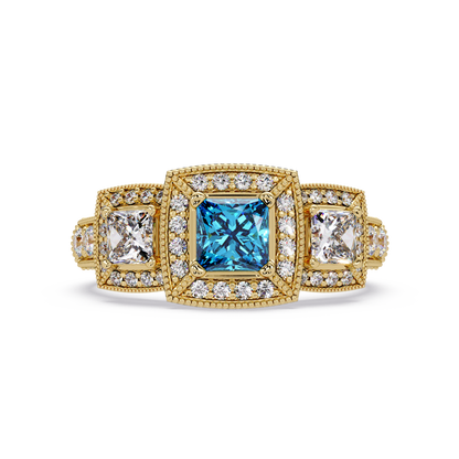 1.6 CTW Princess Three-Stone Pavé Colorstone Ring with Aquamarine Blue center in 14K Yellow Gold – Lunéa Paris