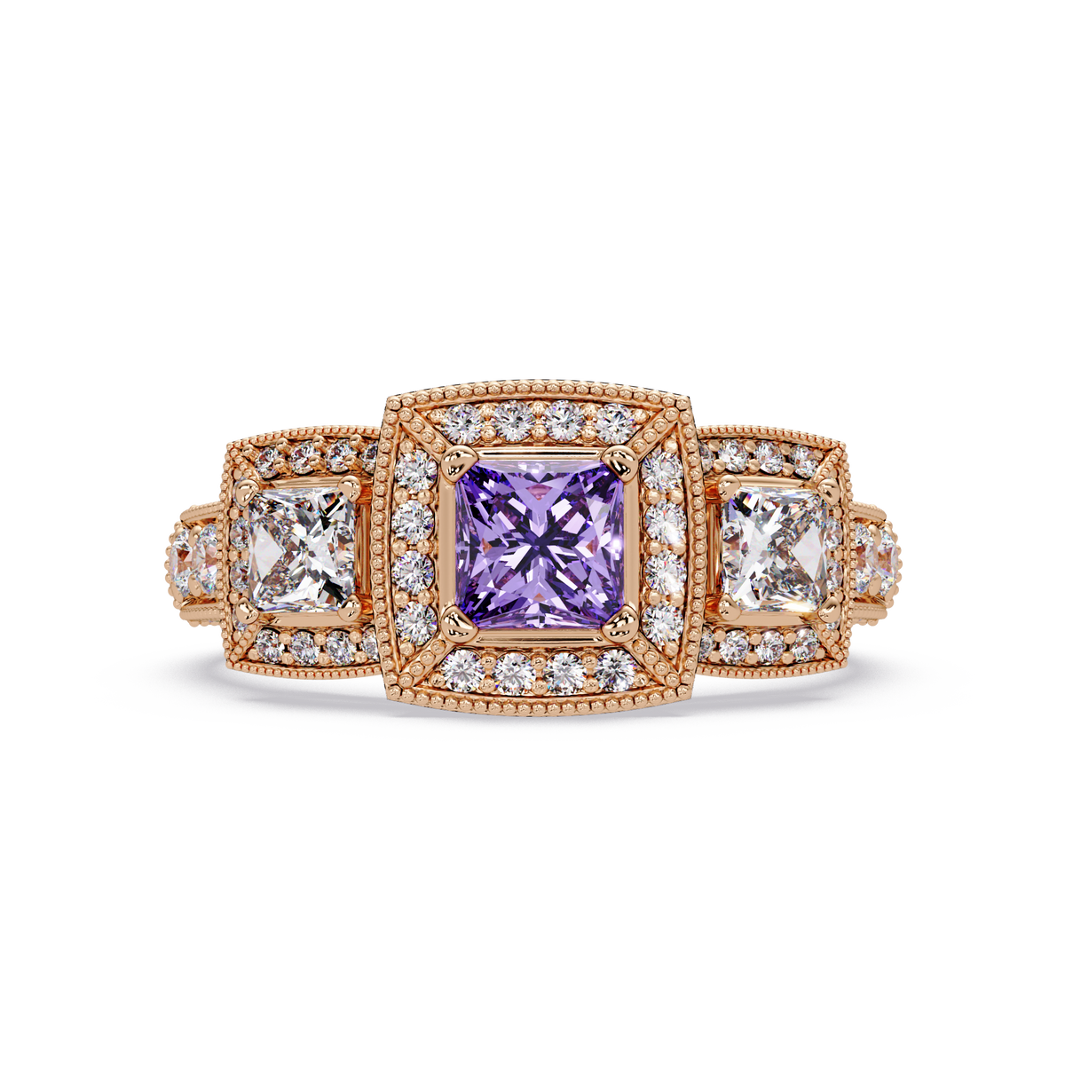 1.6 CTW Princess Three-Stone Pavé Colorstone Ring with Amethyst Purple center in 14K Rose Gold – Lunéa Paris