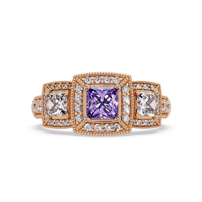 1.6 CTW Princess Three-Stone Pavé Colorstone Ring with Amethyst Purple center in 14K Rose Gold – Lunéa Paris