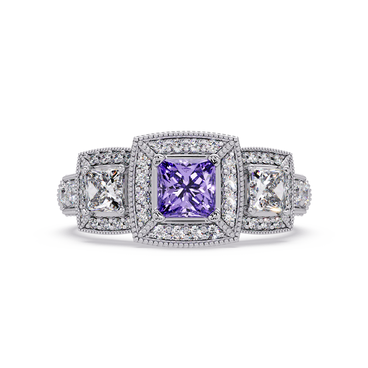 1.6 CTW Princess Three-Stone Pavé Colorstone Ring with Amethyst Purple center in 14K White Gold – Lunéa Paris