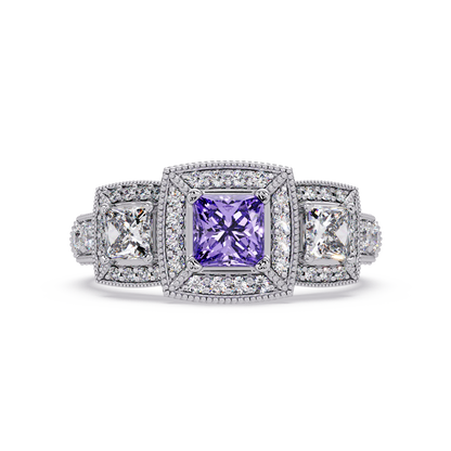 1.6 CTW Princess Three-Stone Pavé Colorstone Ring with Amethyst Purple center in 14K White Gold – Lunéa Paris