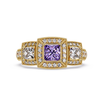 1.6 CTW Princess Three-Stone Pavé Colorstone Ring with Amethyst Purple center in 14K Yellow Gold – Lunéa Paris