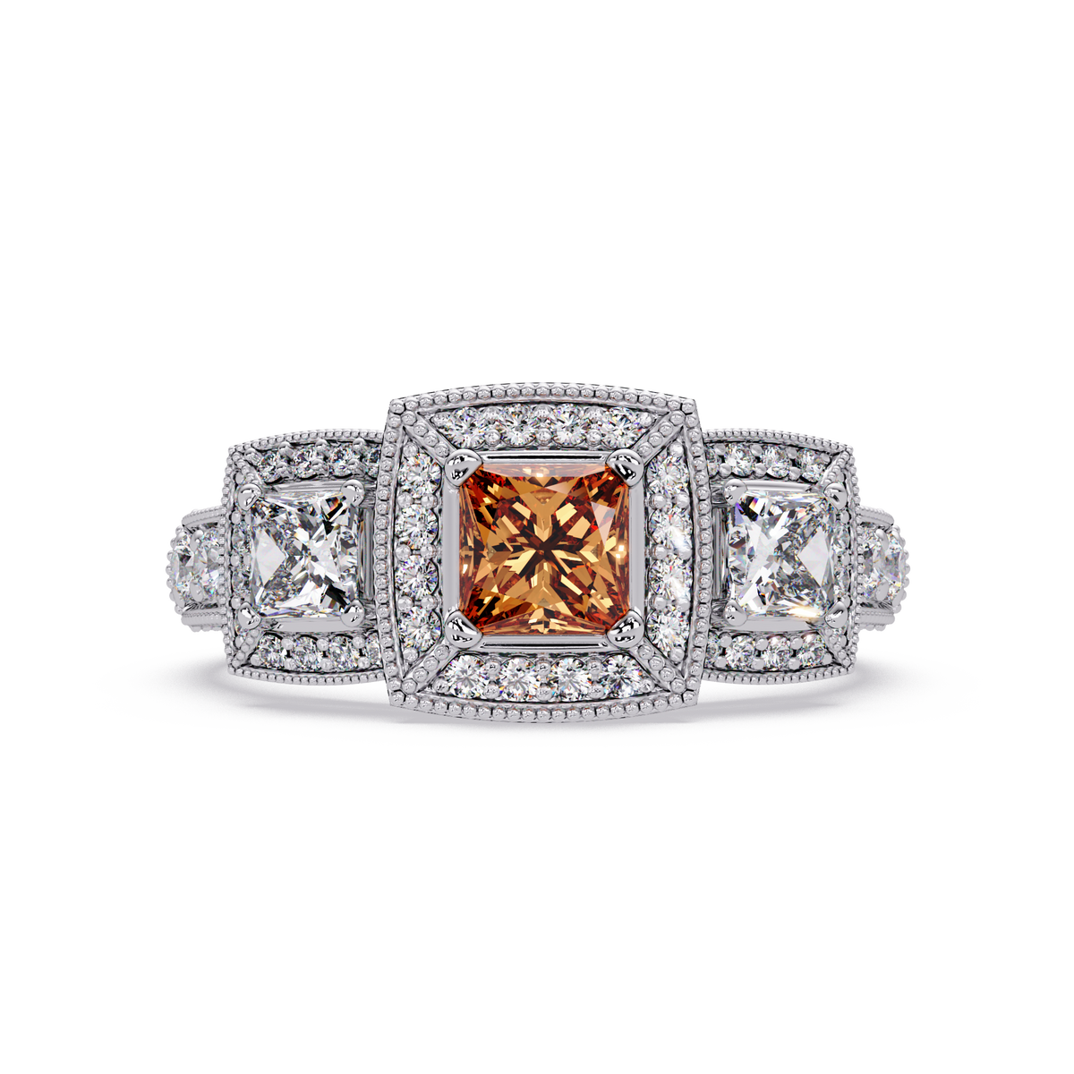 1.6 CTW Princess Three-Stone Pavé Colorstone Ring with Champagne Topaz center in 14K White Gold – Lunéa Paris