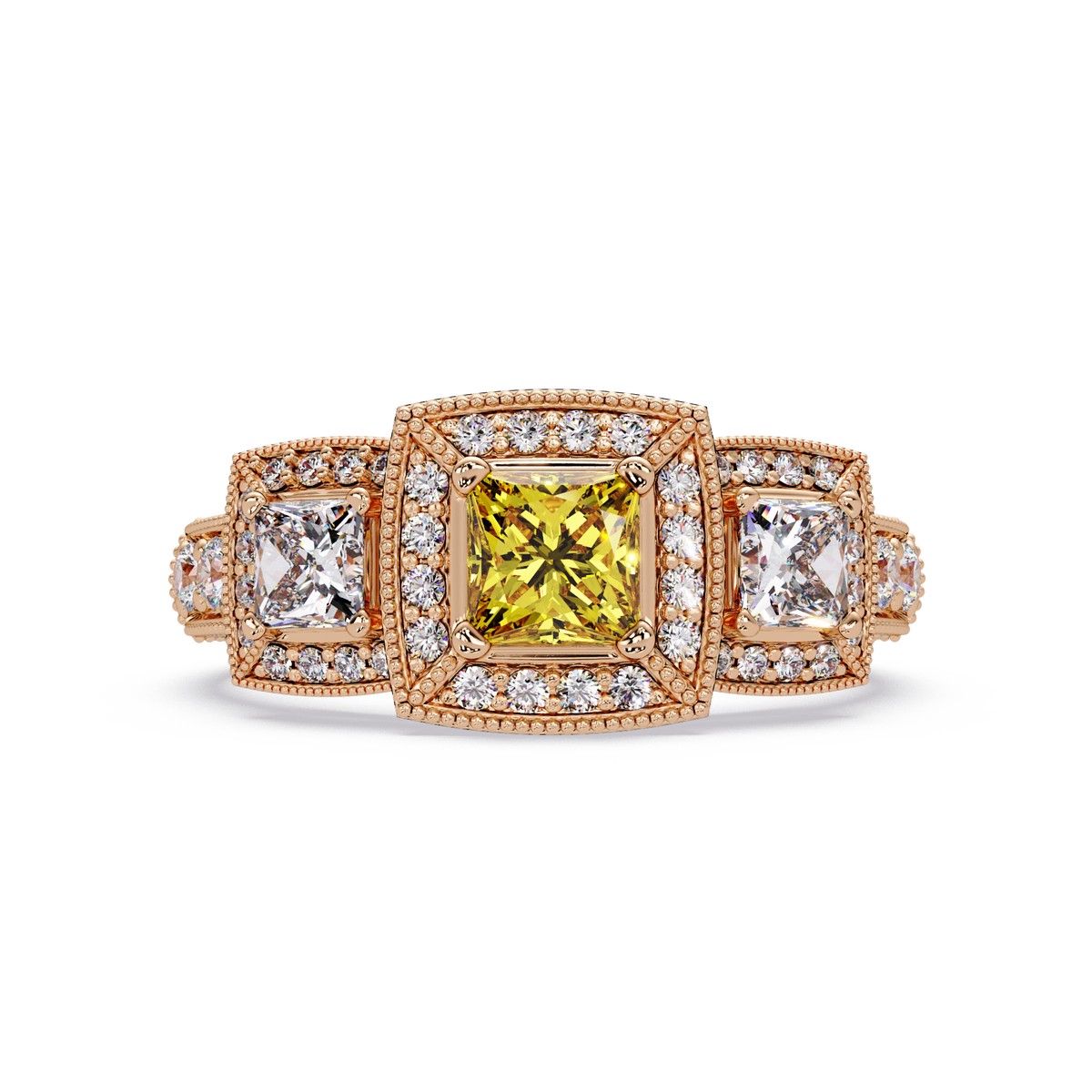 1.6 CTW Princess Three-Stone Pavé Colorstone Ring with Citrine Yellow center in 14K Rose Gold – Lunéa Paris
