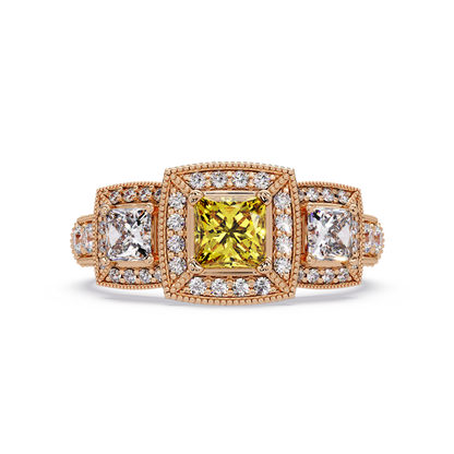 1.6 CTW Princess Three-Stone Pavé Colorstone Ring with Citrine Yellow center in 14K Rose Gold – Lunéa Paris
