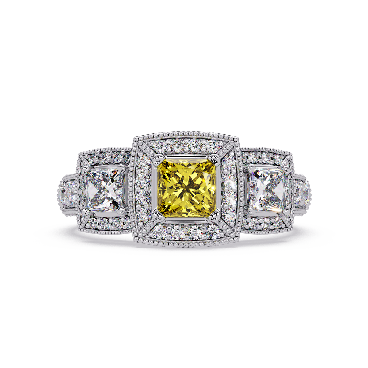 1.6 CTW Princess Three-Stone Pavé Colorstone Ring with Citrine Yellow center in 14K White Gold – Lunéa Paris