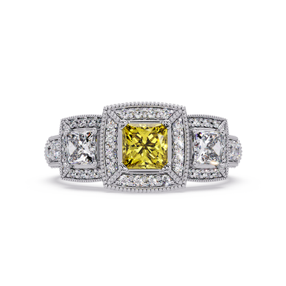 1.6 CTW Princess Three-Stone Pavé Colorstone Ring with Citrine Yellow center in 14K White Gold – Lunéa Paris