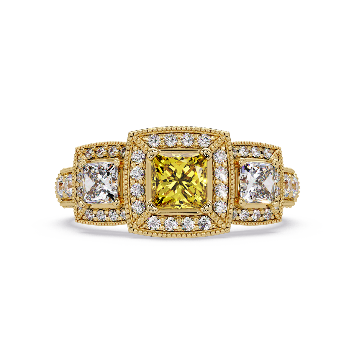 1.6 CTW Princess Three-Stone Pavé Colorstone Ring with Citrine Yellow center in 14K Yellow Gold – Lunéa Paris