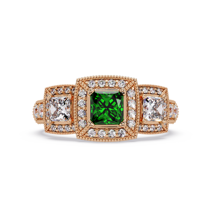 1.6 CTW Princess Three-Stone Pavé Colorstone Ring with Emerald Green center in 14K Rose Gold – Lunéa Paris