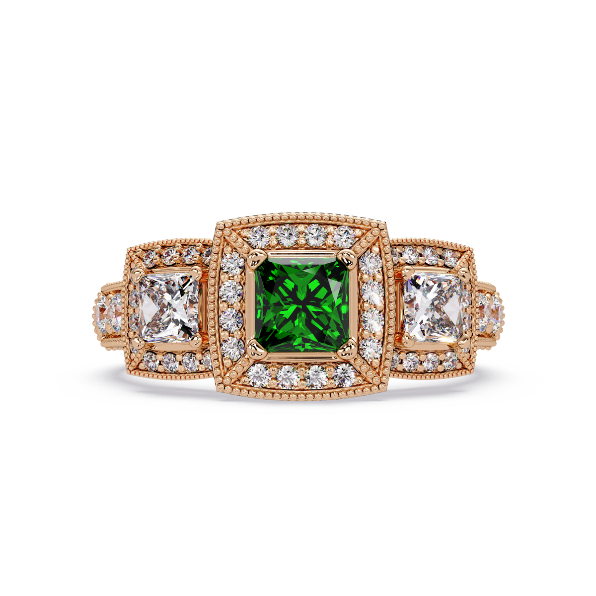 1.6 CTW Princess Three-Stone Pavé Colorstone Ring with Emerald Green center in 14K Rose Gold – Lunéa Paris