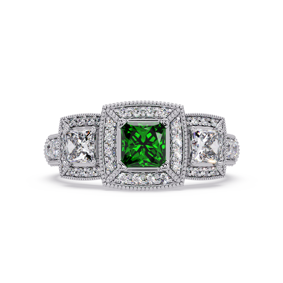 1.6 CTW Princess Three-Stone Pavé Colorstone Ring with Emerald Green center in 14K White Gold – Lunéa Paris