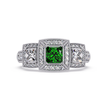 1.6 CTW Princess Three-Stone Pavé Colorstone Ring with Emerald Green center in 14K White Gold – Lunéa Paris