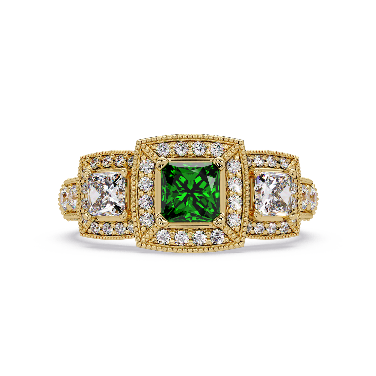 1.6 CTW Princess Three-Stone Pavé Colorstone Ring with Emerald Green center in 14K Yellow Gold – Lunéa Paris