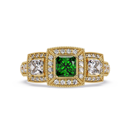 1.6 CTW Princess Three-Stone Pavé Colorstone Ring with Emerald Green center in 14K Yellow Gold – Lunéa Paris