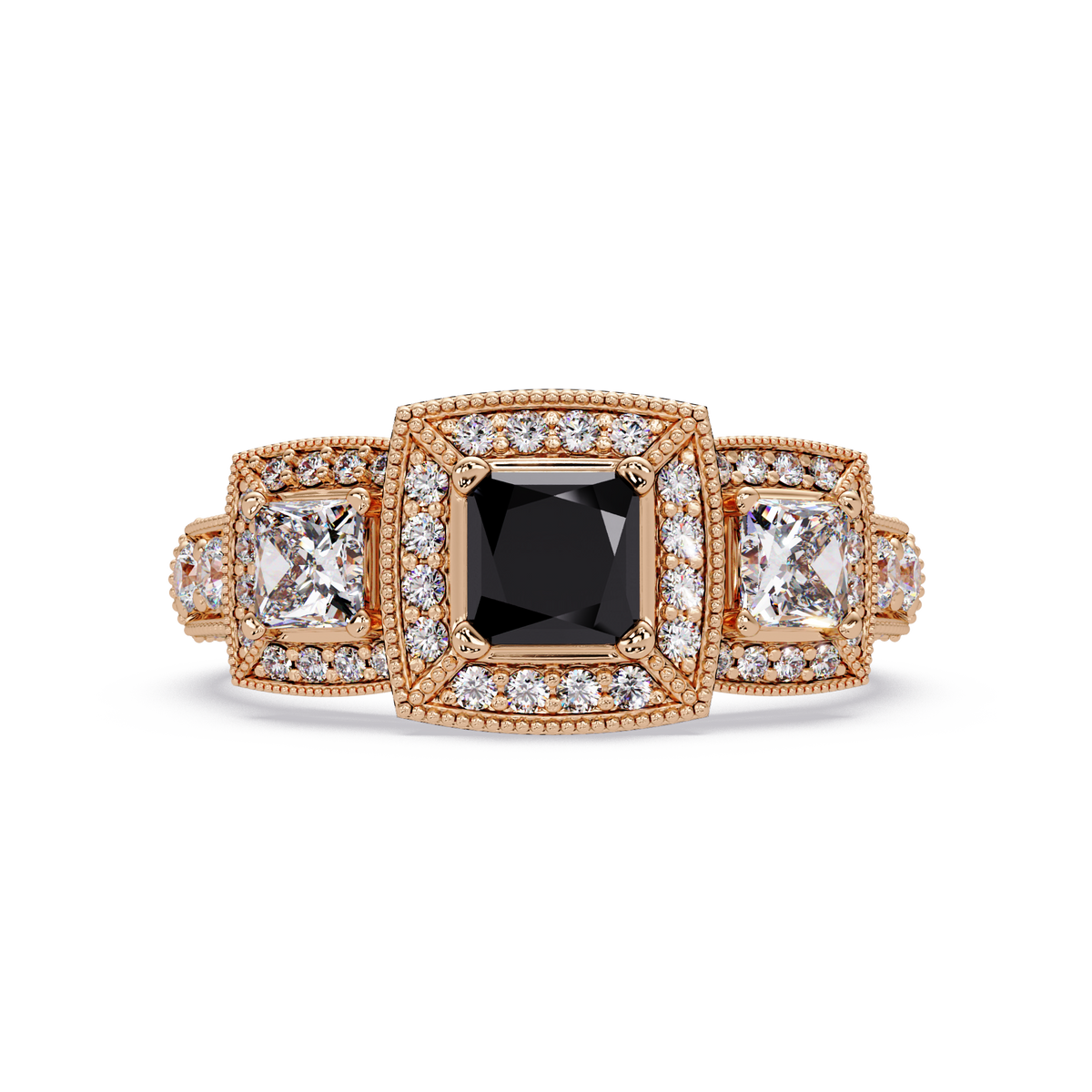 1.6 CTW Princess Three-Stone Pavé Colorstone Ring with Onyx center in 14K Rose Gold – Lunéa Paris