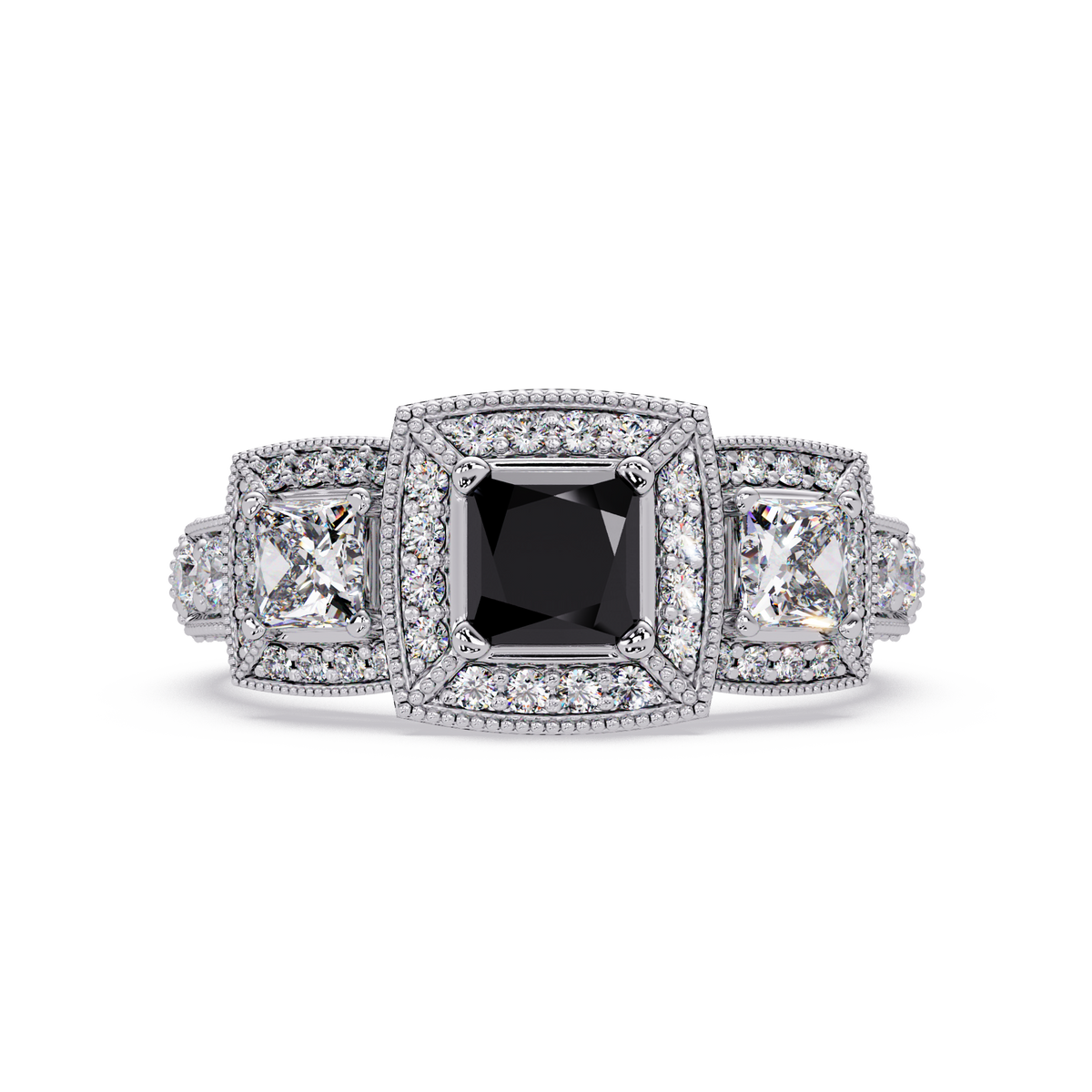 1.6 CTW Princess Three-Stone Pavé Colorstone Ring with Onyx center in 14K White Gold – Lunéa Paris