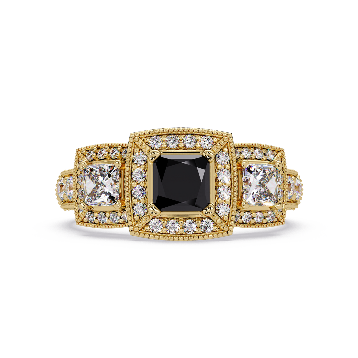 1.6 CTW Princess Three-Stone Pavé Colorstone Ring with Onyx center in 14K Yellow Gold – Lunéa Paris