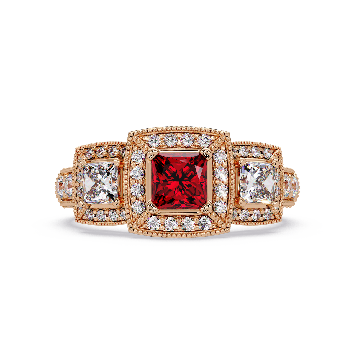 1.6 CTW Princess Three-Stone Pavé Colorstone Ring with Ruby Red center in 14K Rose Gold – Lunéa Paris