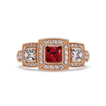 1.6 CTW Princess Three-Stone Pavé Colorstone Ring with Ruby Red center in 14K Rose Gold – Lunéa Paris