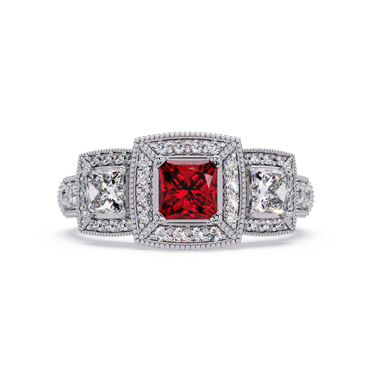 1.6 CTW Princess Three-Stone Pavé Colorstone Ring with Ruby Red center in 14K White Gold – Lunéa Paris