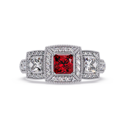 1.6 CTW Princess Three-Stone Pavé Colorstone Ring with Ruby Red center in 14K White Gold – Lunéa Paris