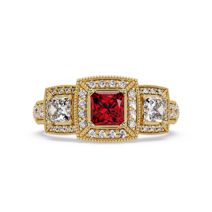 1.6 CTW Princess Three-Stone Pavé Colorstone Ring with Ruby Red center in 14K Yellow Gold – Lunéa Paris
