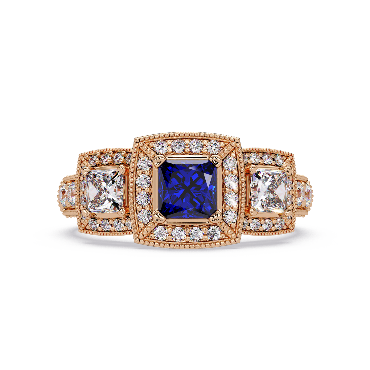 1.6 CTW Princess Three-Stone Pavé Colorstone Ring with Sapphire Blue center in 14K Rose Gold – Lunéa Paris