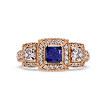 1.6 CTW Princess Three-Stone Pavé Colorstone Ring with Sapphire Blue center in 14K Rose Gold – Lunéa Paris