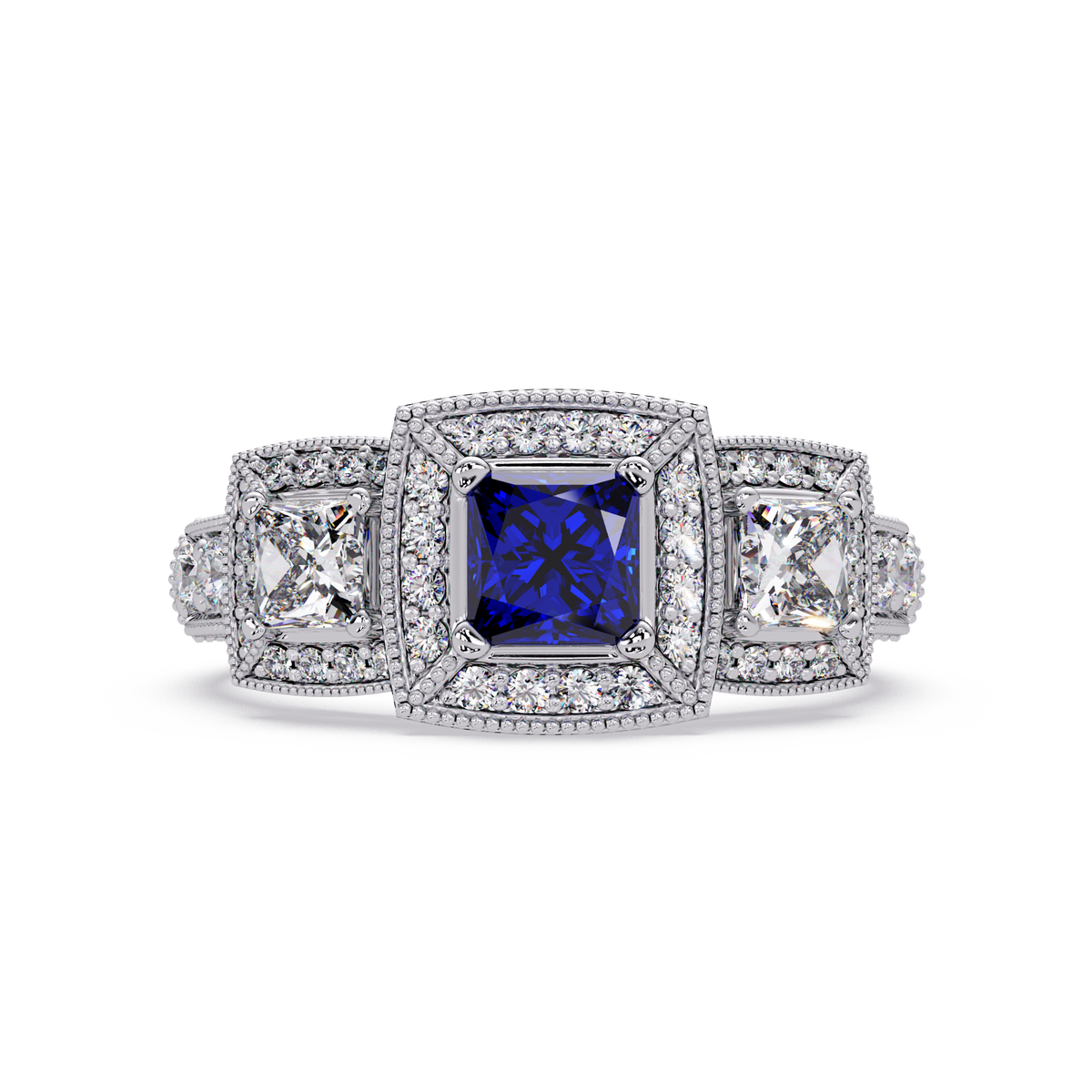 1.6 CTW Princess Three-Stone Pavé Colorstone Ring with Sapphire Blue center in 14K White Gold – Lunéa Paris