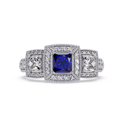 1.6 CTW Princess Three-Stone Pavé Colorstone Ring with Sapphire Blue center in 14K White Gold – Lunéa Paris