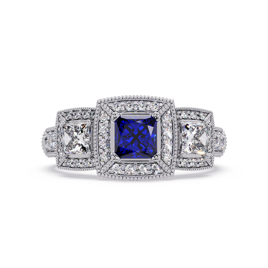 1.6 CTW Princess Three-Stone Pavé Colorstone Ring with Sapphire Blue center in 14K White Gold – Lunéa Paris